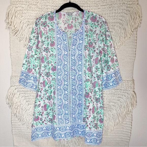 SZ BLOCKPRINTS green / pink floral 3/4 sleeves cotton tunic top M - Picture 1 of 10